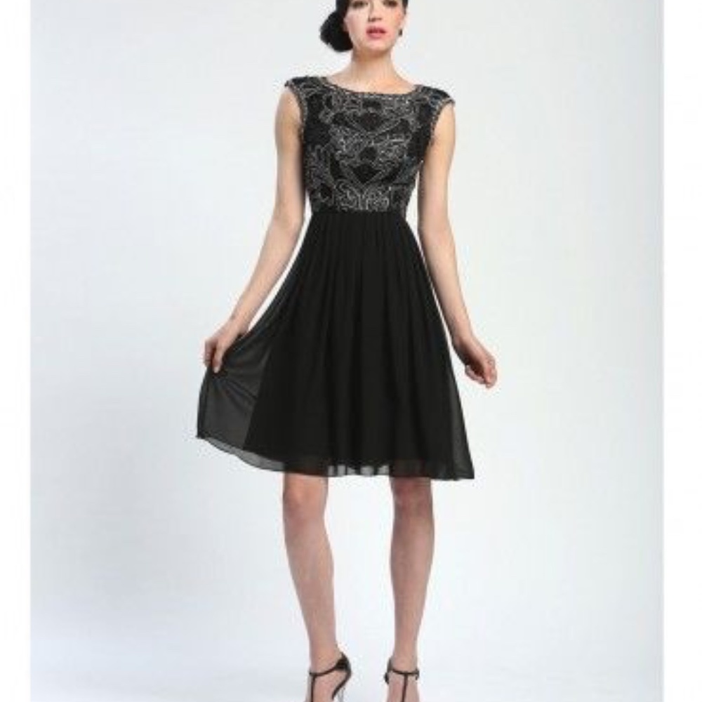 Sue Wong Embroidered Black Fit Flare Dress SZ 0